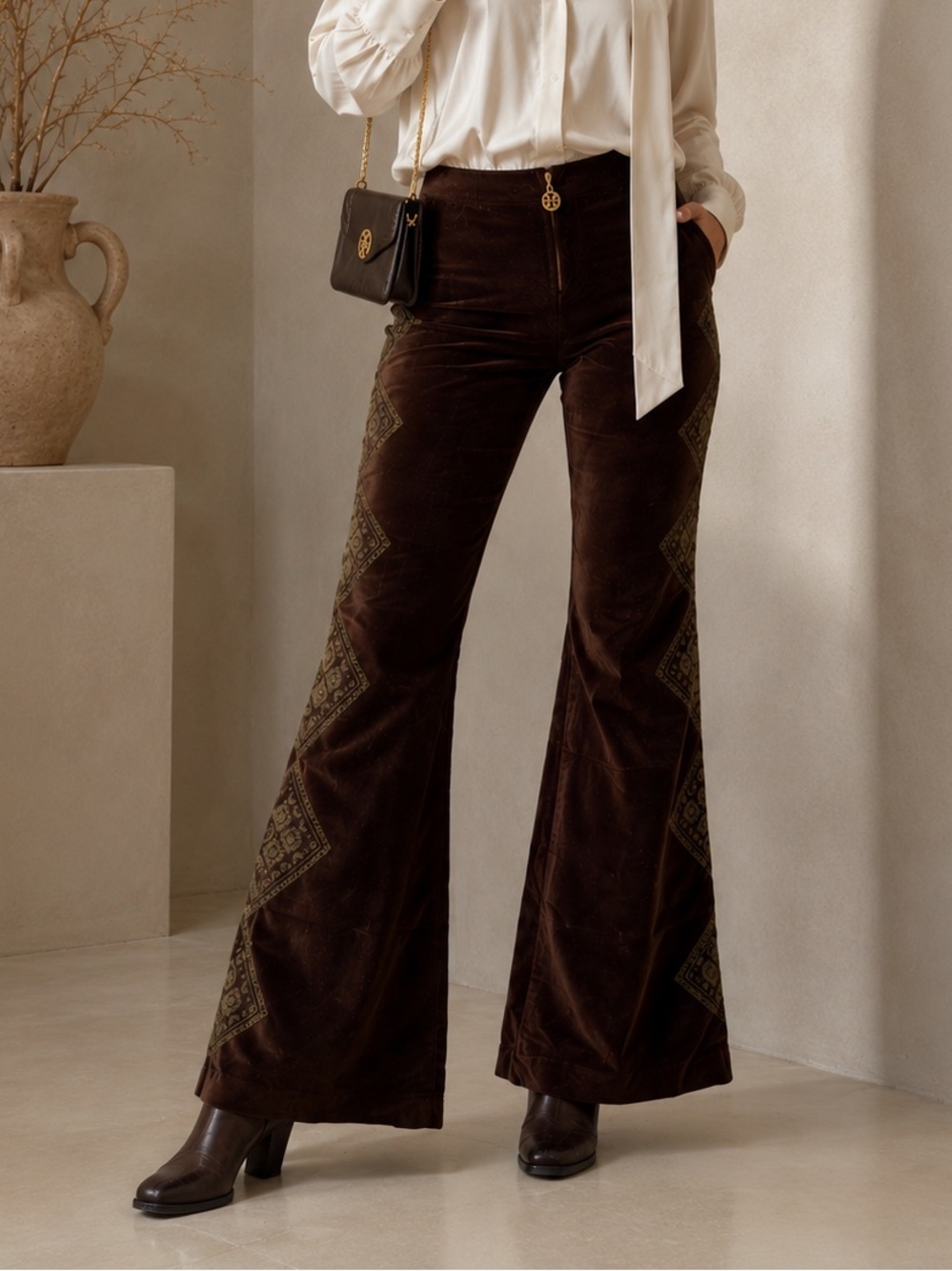 Tory Burch Brown Velvet Flared Pants With Embroidered Side Panels